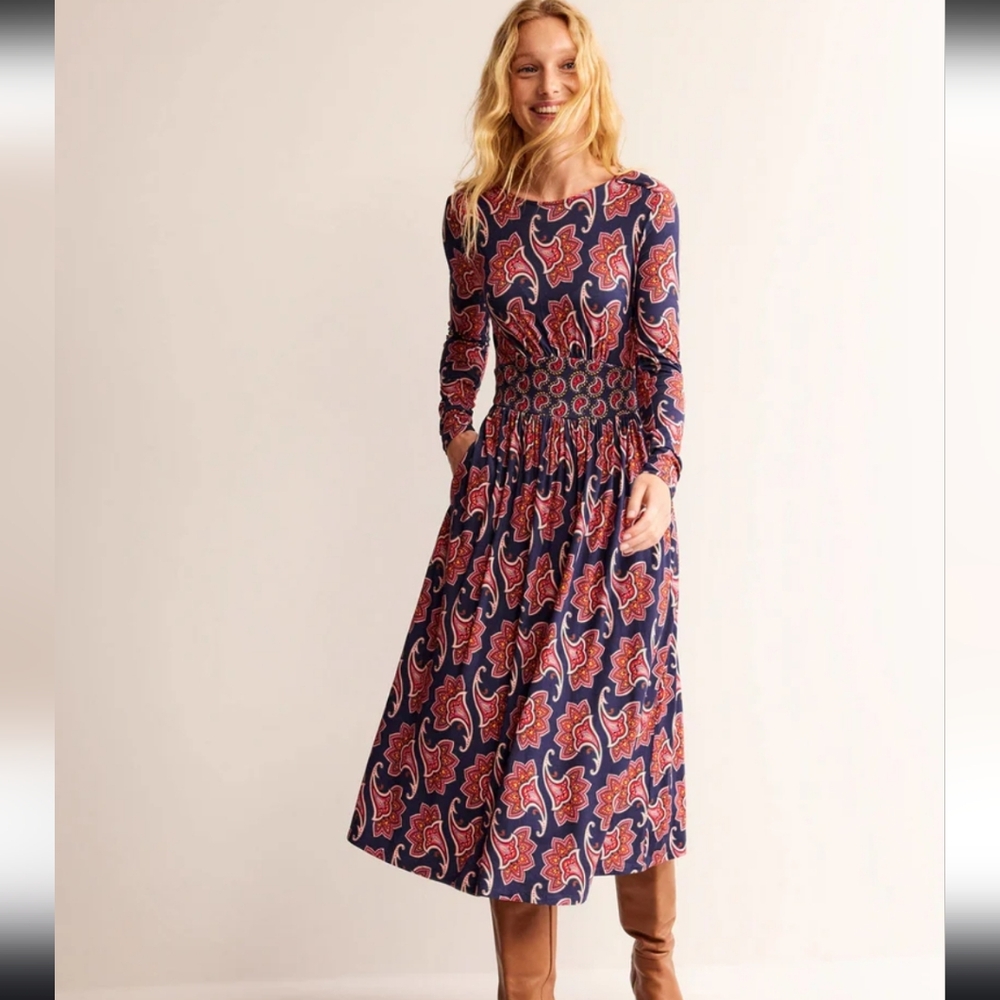 Boden Thea Long Sleeve Midi Dress in Navy size 14 NWT